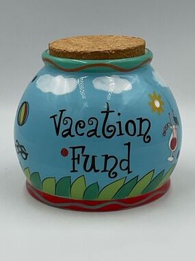 Vintage Garden Ridge Blue 'Vacation Fund' Ceramic Money Jar with Cork Lid